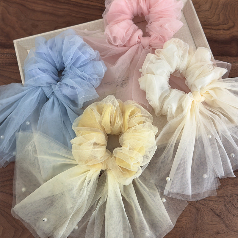 E廠-仙飄逸春夏新款韓國網紗釘珍珠魚尾飄帶大腸圈髮圈甜美馬尾頭繩「26885」25.05-1