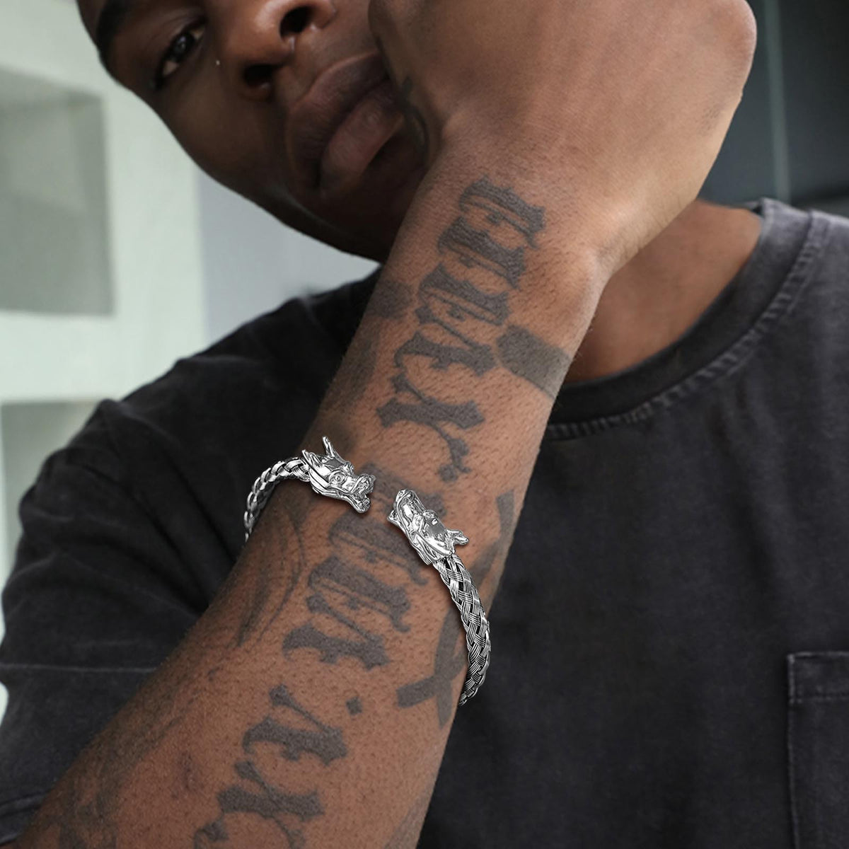 G廠-鈦鋼跨境飾品 男士潮流嘻哈酷手環不鏽鋼編織龍頭開口手鐲「B-444」25.07-2