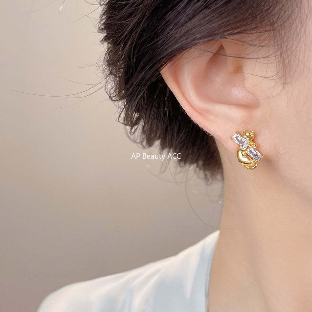 A廠-原創貓咪鑲嵌鋯石925銀針耳環高級感個性小眾ins設計師耳飾耳釘「6991」25.10-5