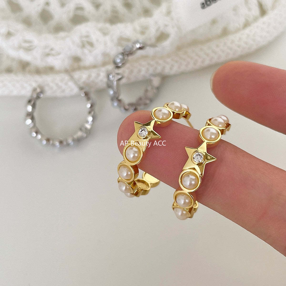 C廠-小香風珍珠耳圈女輕奢ins甜美百搭星星鋯石銀針耳環高級感新耳飾「EH-4113」25.10-5