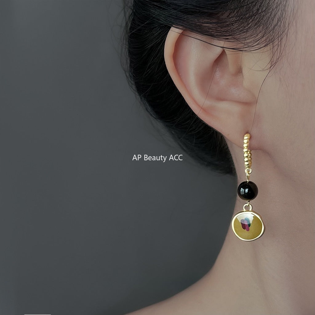 A廠-油畫風文藝復古天然石虎眼石琺瑯滴釉彩繪幾何長耳飾秋冬耳環女「6872」25.10-1
