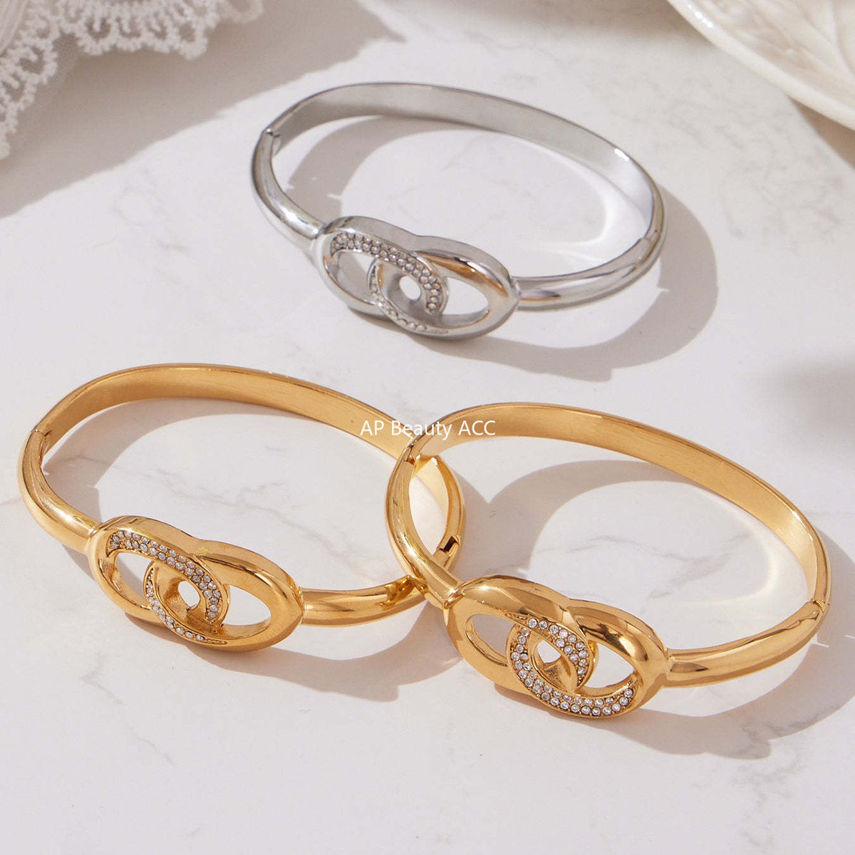 B廠-不鏽鋼滿鑽鋯石雙環卡扣手鐲歐美時尚簡約個性設計氣質手飾「Z509-Z510-Z511」25.10-5