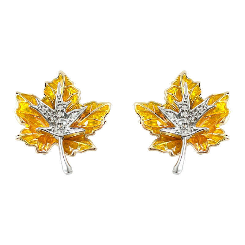A廠-爆款!楓葉雙拼色微鑲鋯石琺瑯滴釉彩繪s925銀針新款樹葉耳飾耳釘「6996」25.10-5