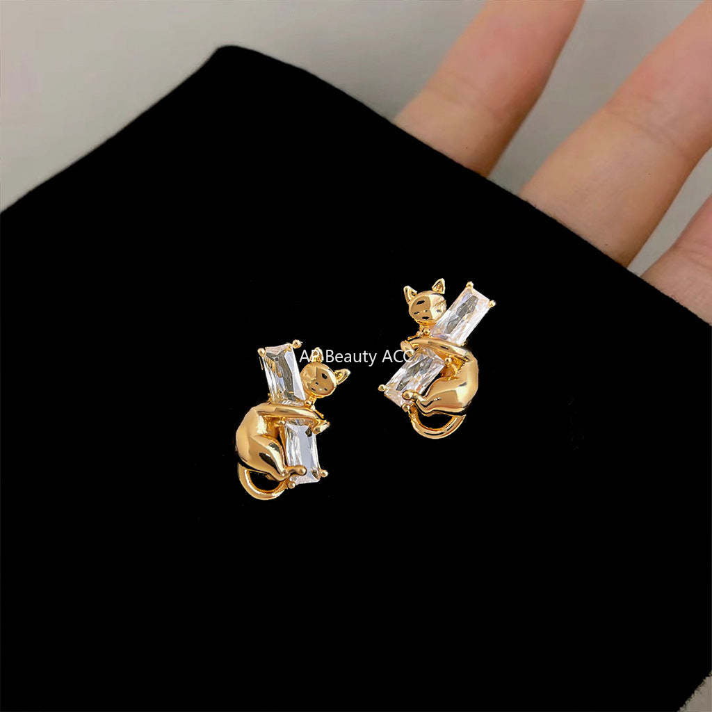 A廠-原創貓咪鑲嵌鋯石925銀針耳環高級感個性小眾ins設計師耳飾耳釘「6991」25.10-5