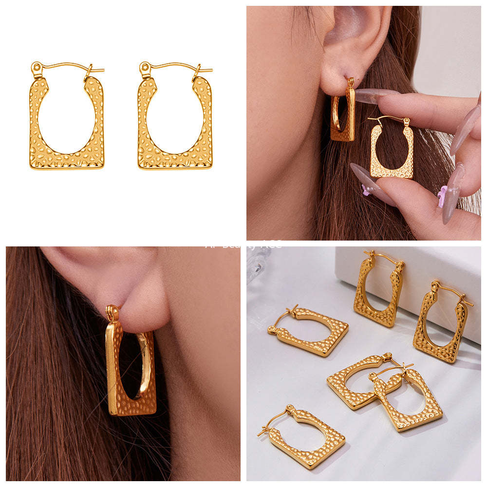 B廠-不鏽鋼幾何U型重工錘紋耳環跨境熱銷新款耳飾鍍18k金不掉色「F624」25.10-5