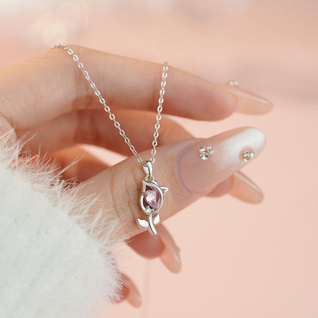 D廠-原創S999足銀心綻鬱金香套裝甜美風獨特溫柔氣質鎖骨鏈批發「YC7035E_1 YC1957N_1」25.04-2