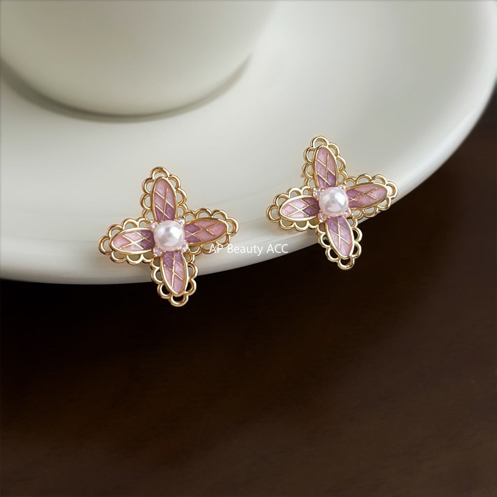 A廠-洛麗塔 原創少女心漸變色925銀針微鑲鋯石彩繪粉色蕾絲花耳釘「6864」25.10-1