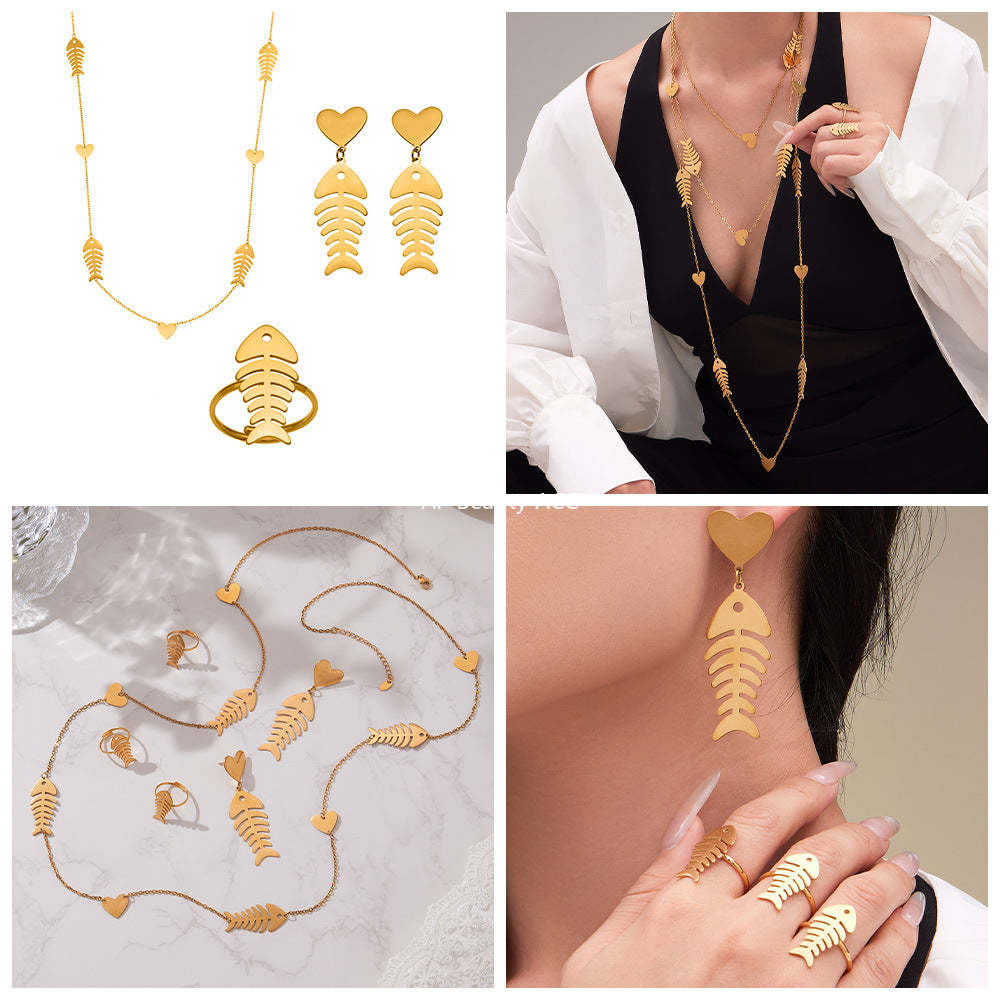 B廠-不鏽鋼18k鍍金魚骨愛心項鍊耳環戒指歐美氣質珠寶首飾套裝「TXP459」25.10-5