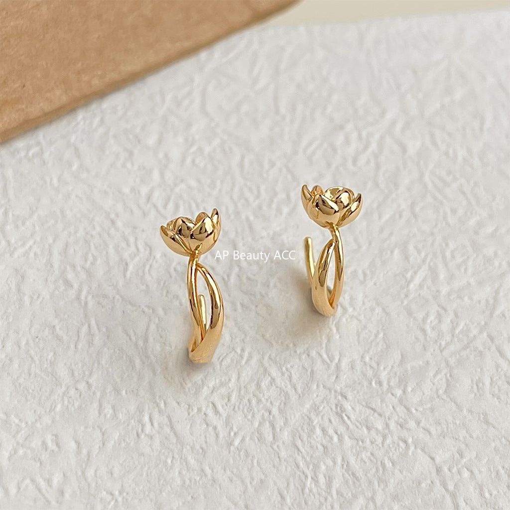A廠-原創蓮花~極簡主義925銀針時尚通勤簡約高級感新款花朵耳飾女耳釘「6694」25.10-1