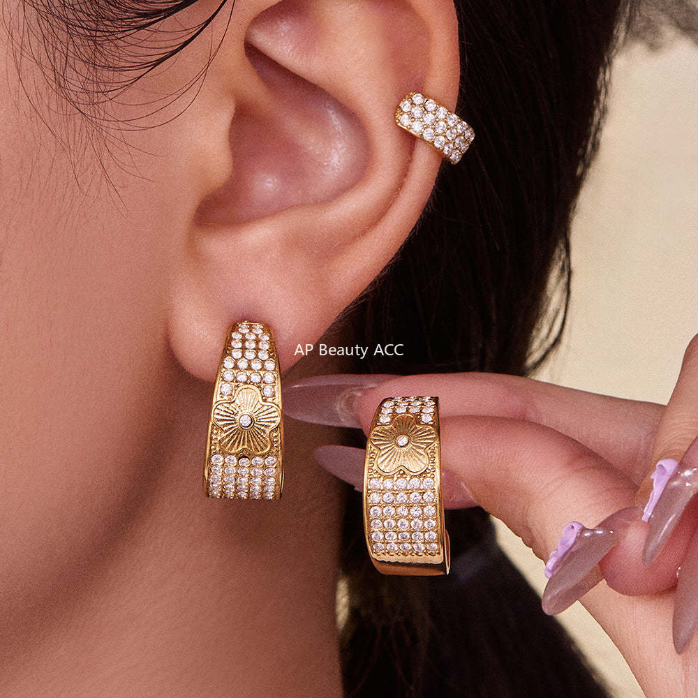 B廠-新款中古風滿鑽C型花點鋯石耳環不鏽鋼鍍18k金跨境珠寶首飾「F954-F983」25.10-5