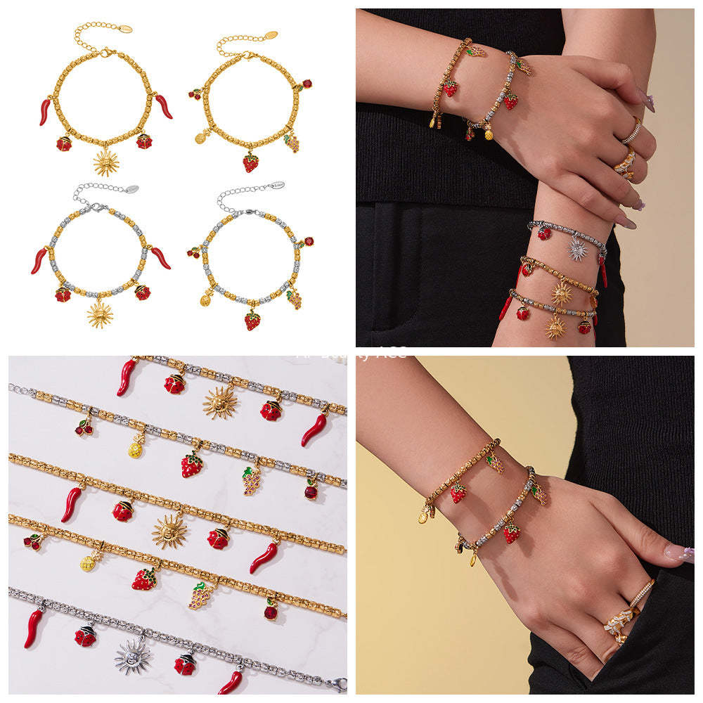 B廠-跨境新款不鏽鋼小辣椒太陽多配件壓紋鋼珠手鍊組合鍍18k金「E699-E700」25.10-5