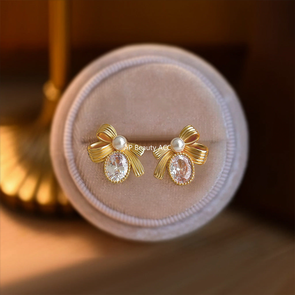 A廠-原創高級感微鑲鋯石925銀針蝴蝶結鵝蛋耳環 全新簡約輕奢風耳飾女「6913」25.10-2