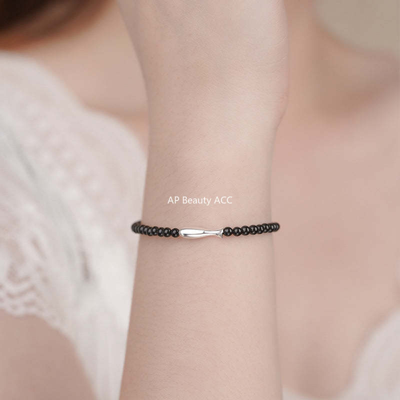 D廠-S999足銀小魚黑瑪瑙手鍊個性創意可愛ins韓風溫柔手飾批發「YC5314SL_1」25.10-5