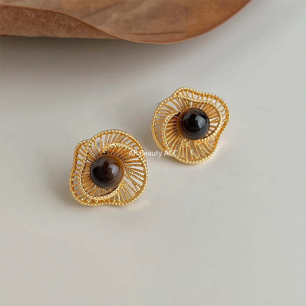 A廠-美拉德風文藝復古虎眼石天然石秋冬爆款新款幾何鏤空花朵耳飾耳環「6976」25.10-5