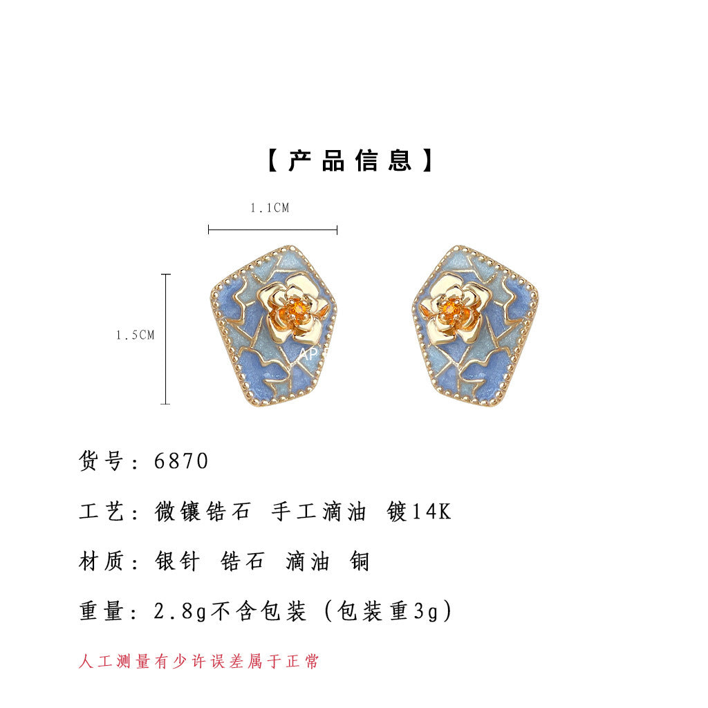 A廠-原創茶花設計師款霧霾藍色秋冬熱賣新款小眾個性耳飾工廠耳環飾品「6870」25.10-1