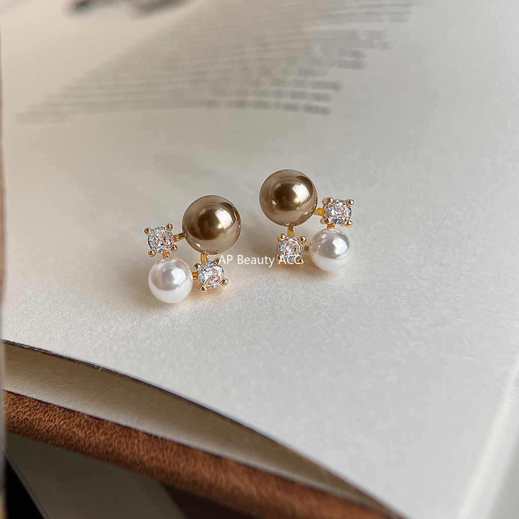 A廠-秋冬爆款咖啡珍珠美拉德風微鑲鋯石925銀針鍍14K珍珠耳環工廠耳飾「6925」25.10-3
