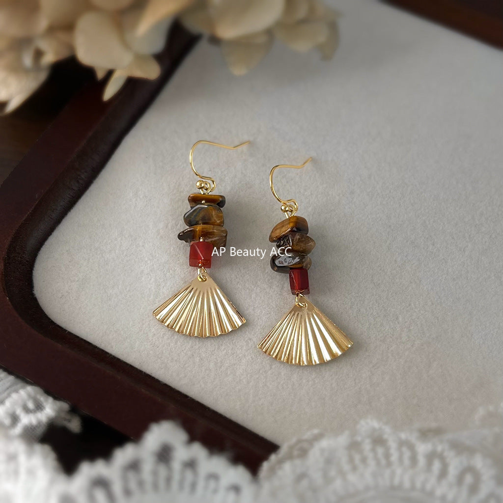 A廠-文藝復古天然石虎眼石手工藝設計感新款扇子耳飾工廠耳環女「6862」25.10-1