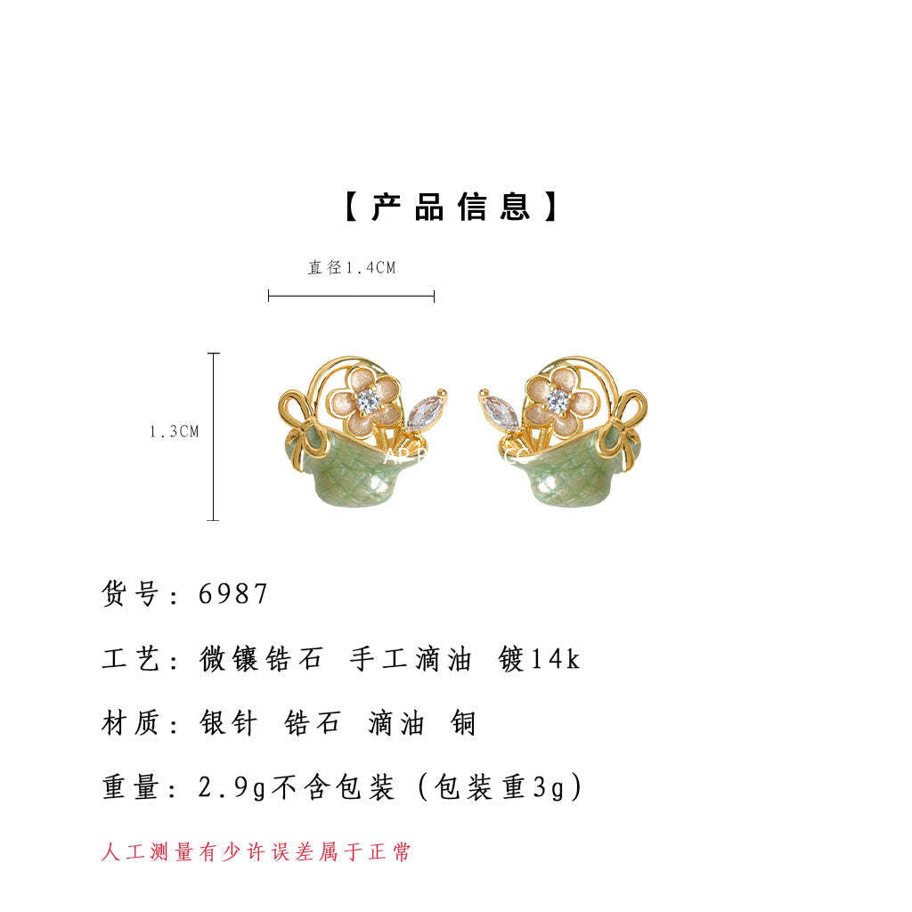 A廠-原創森系花籃手工彩繪琺瑯滴釉s925銀針微鑲鋯石耳環田園風耳飾女「6987」25.10-5