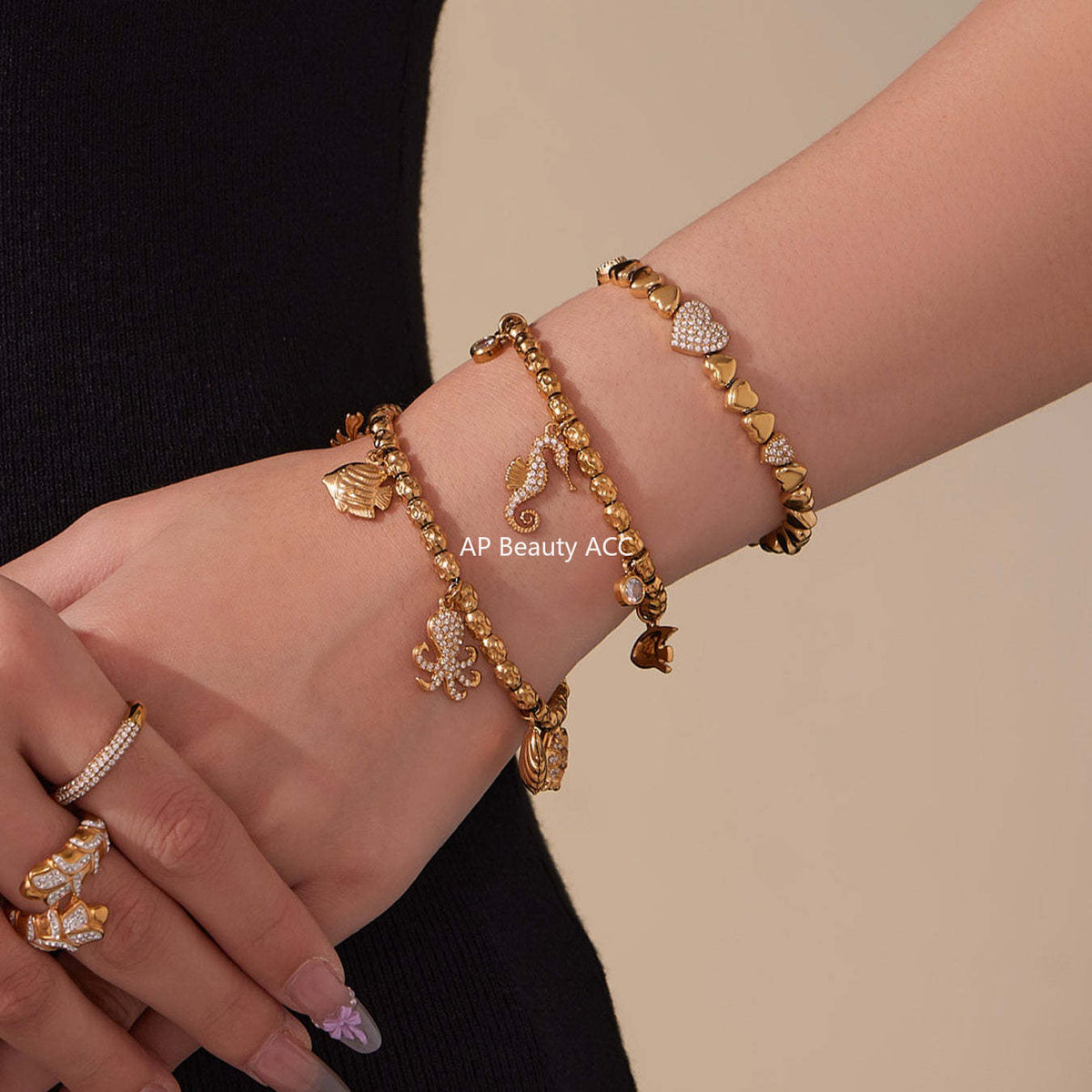 B廠-海馬帶鑽多配件DIY手鍊組合不鏽鋼鍍18k真金跨境熱銷款飾品「E693-E694-E695」25.10-5