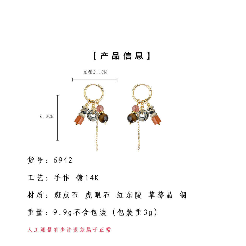 A廠-文藝復古天然石虎眼石手工藝設計感民族風流蘇耳環工廠耳環飾品批發「6942」25.10-5