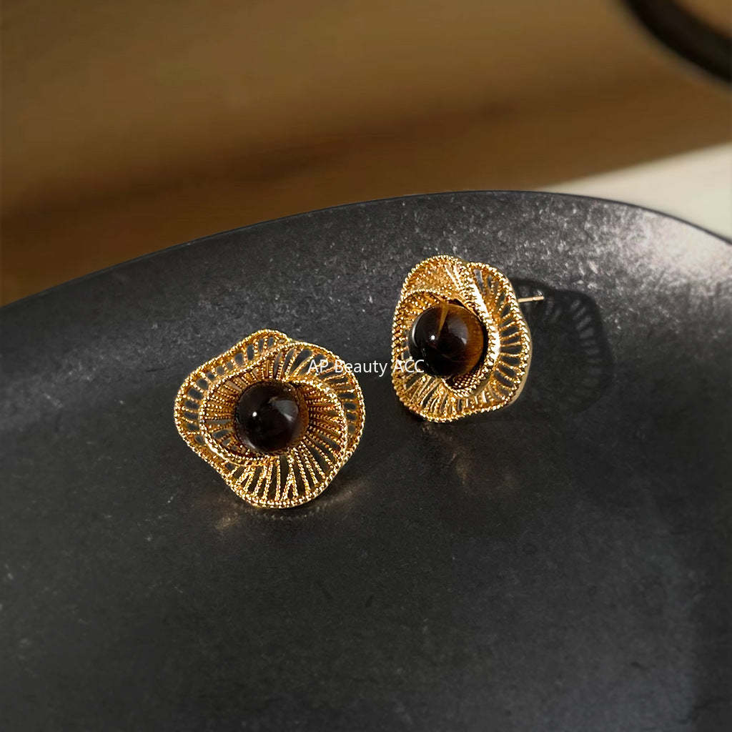 A廠-美拉德風文藝復古虎眼石天然石秋冬爆款新款幾何鏤空花朵耳飾耳環「6976」25.10-5