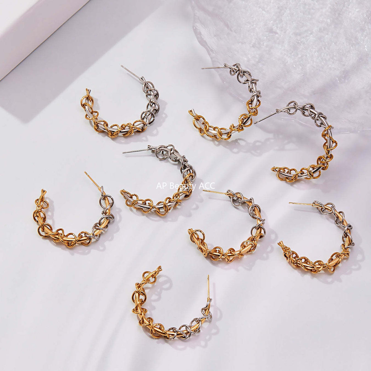 B廠-不鏽鋼嘻哈環扣纏繞C型拼色間電耳環歐美小眾耳飾鍍18k真金「F677」25.10-5