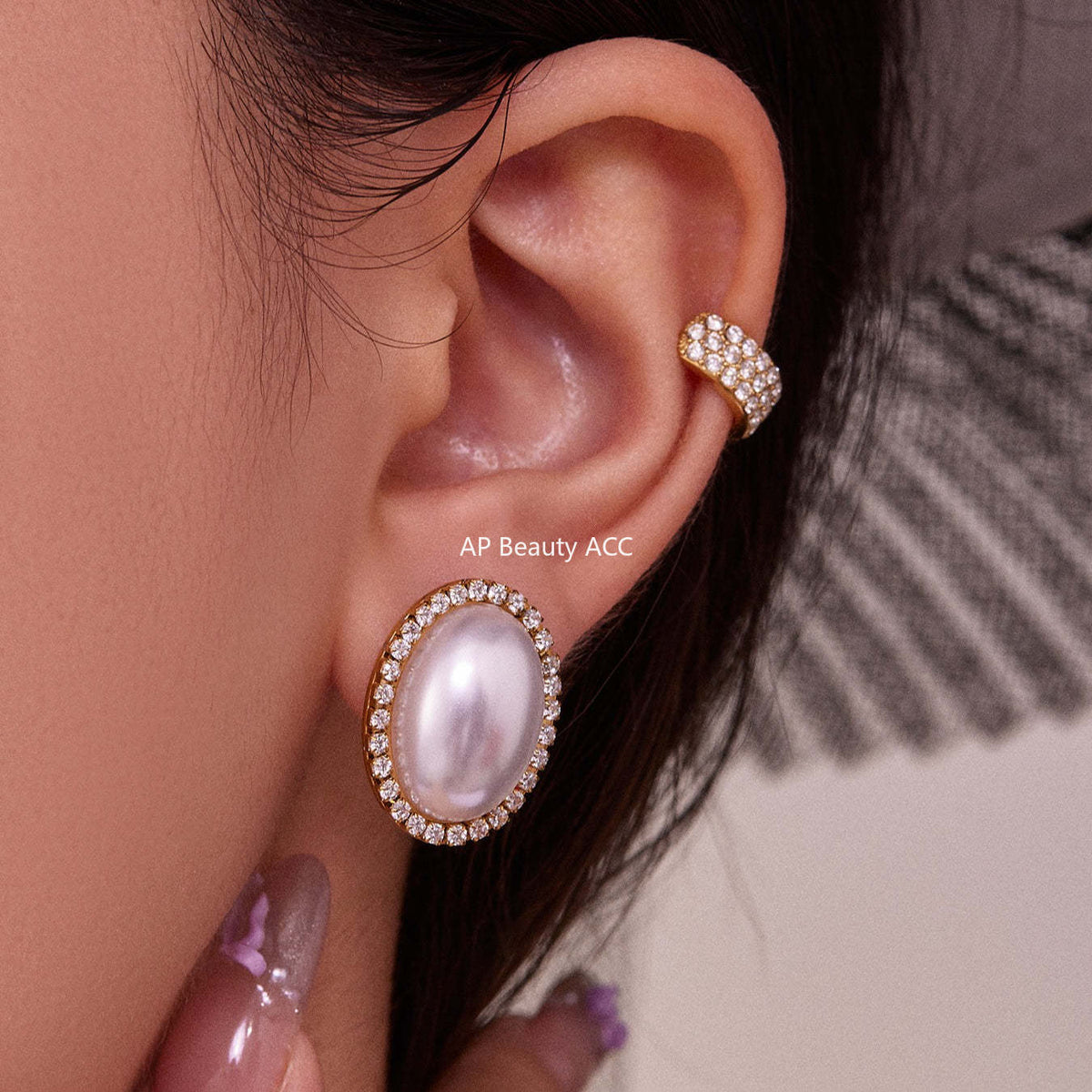 B廠-小眾設計感橢圓形貝珠鋯石耳環不鏽鋼鍍18k金跨境珠寶首飾「F793-F983」25.10-5