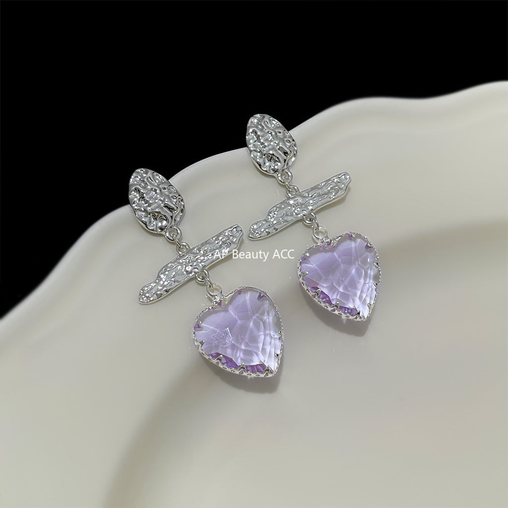 A廠-實物很美~清透高級感玻璃愛心水晶淡紫色氣質新款耳飾「6891」25.10-2