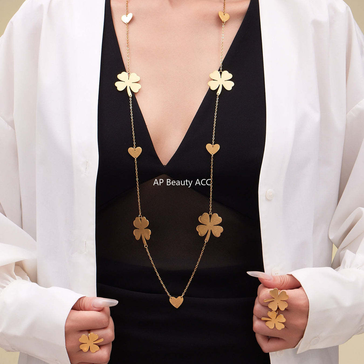 B廠-不鏽鋼愛心四葉草耳環戒指毛衣鏈飾品套裝鍍18k真金不掉色「TXP463」25.10-5