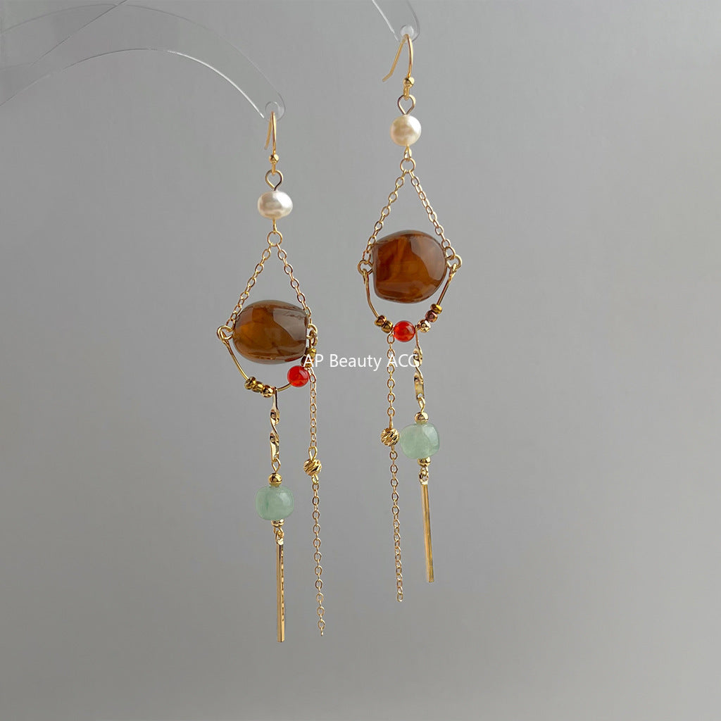 A廠-設計師手工作品!長版文藝復古淡水珍珠美拉德風流蘇耳環工廠耳飾「6935」25.10-3