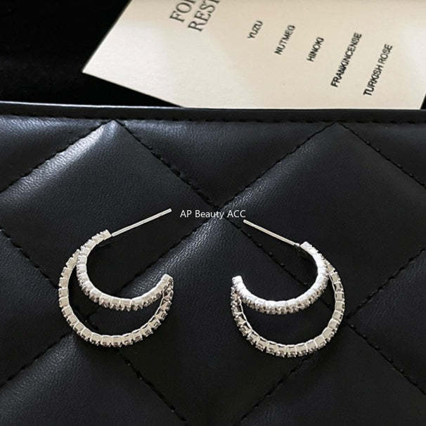 C廠-小眾設計冷淡風細閃鋯石銀針耳釘女高級感百搭疊戴風雙層秋冬耳飾「EH-4121」25.10-5