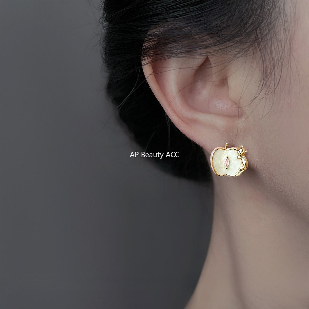 A廠-原創設計師款蘋果與貓咪925銀針琺瑯滴釉彩繪鋯石耳環耳飾女「6895」25.10-2