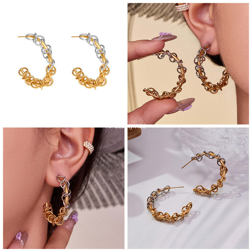 B廠-不鏽鋼嘻哈環扣纏繞C型拼色間電耳環歐美小眾耳飾鍍18k真金「F677」25.10-5