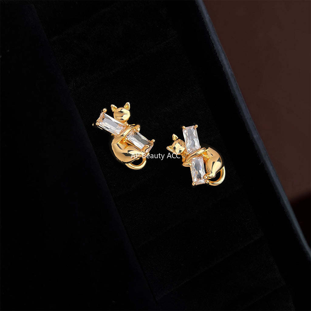 A廠-原創貓咪鑲嵌鋯石925銀針耳環高級感個性小眾ins設計師耳飾耳釘「6991」25.10-5