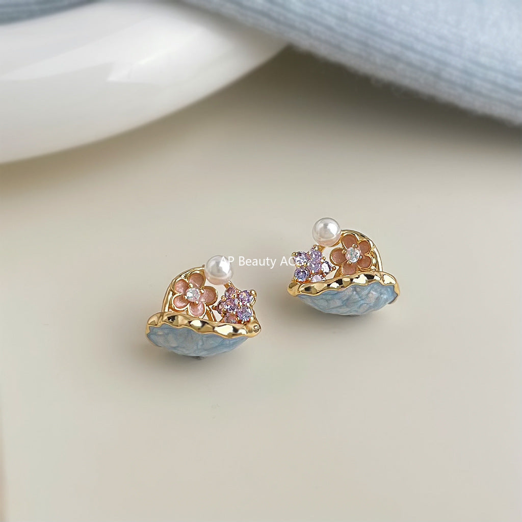 A廠-【花籃】原創森系清新甜美琺瑯滴釉彩繪花朵新款耳飾工廠耳環飾品「6865」25.10-1