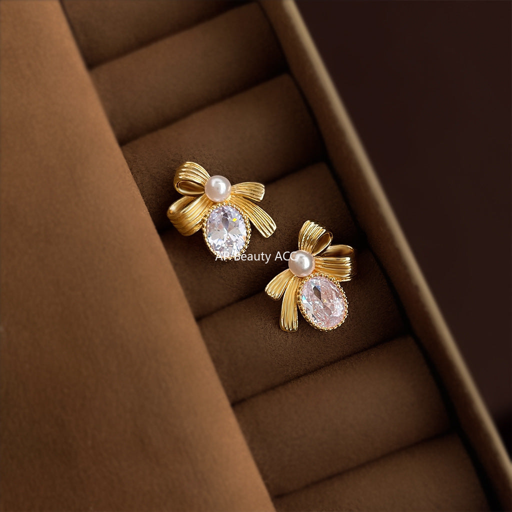 A廠-原創高級感微鑲鋯石925銀針蝴蝶結鵝蛋耳環 全新簡約輕奢風耳飾女「6913」25.10-2