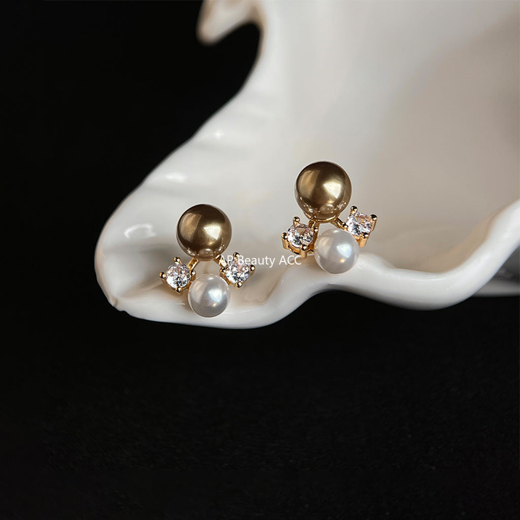 A廠-秋冬爆款咖啡珍珠美拉德風微鑲鋯石925銀針鍍14K珍珠耳環工廠耳飾「6925」25.10-3