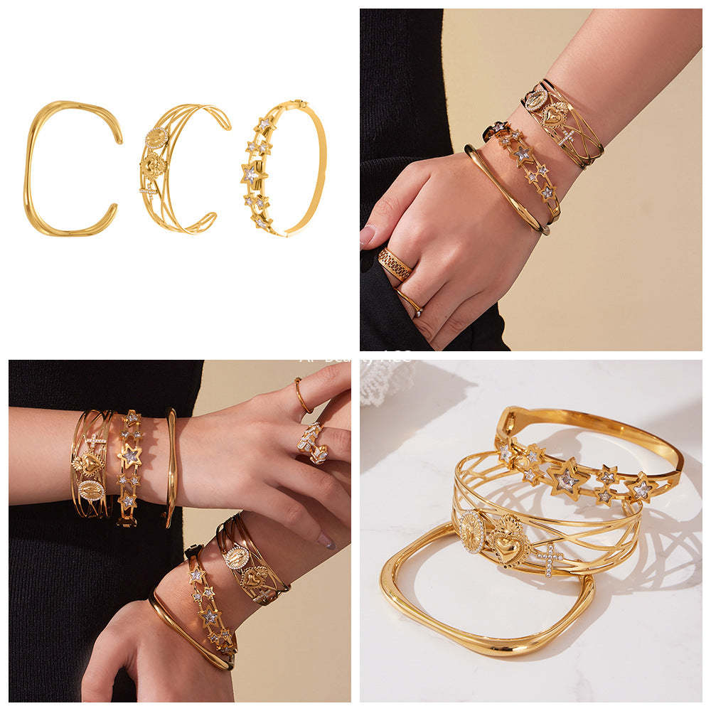 B廠-超閃5A鋯石五角星彈簧卡扣手鐲不鏽鋼材質鍍18k真金不掉色「Z500-Z501-Z502」25.10-5