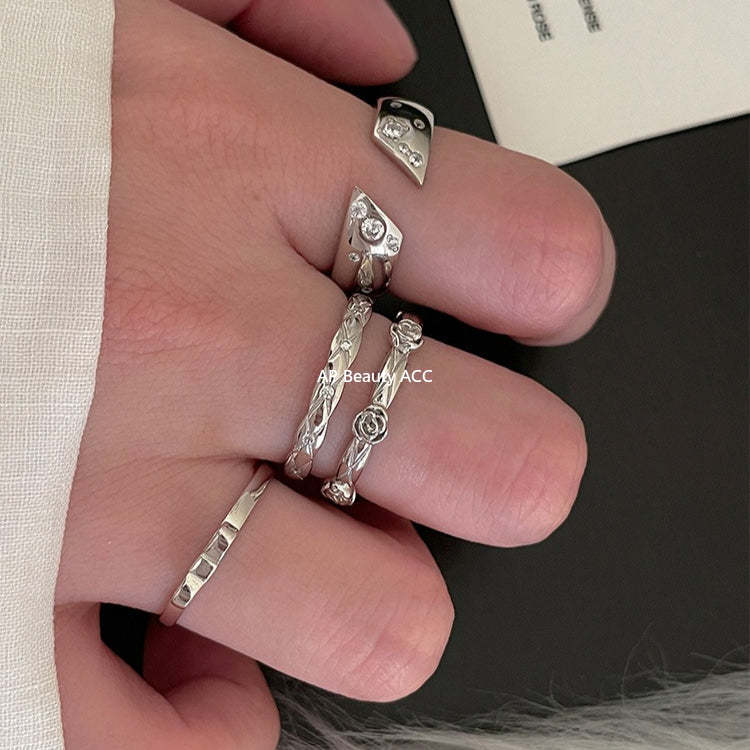 C廠-小眾高級感菱格紋純銀鋯石戒指輕奢冷淡風時尚氣質玫瑰花森系指環「JZ-0712」25.10-5