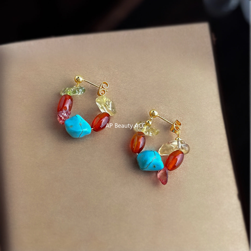 A廠-天然石紅瑪瑙手工藝設計感手工耳環民族風新款耳飾工廠飾品批發「S17」25.10-3