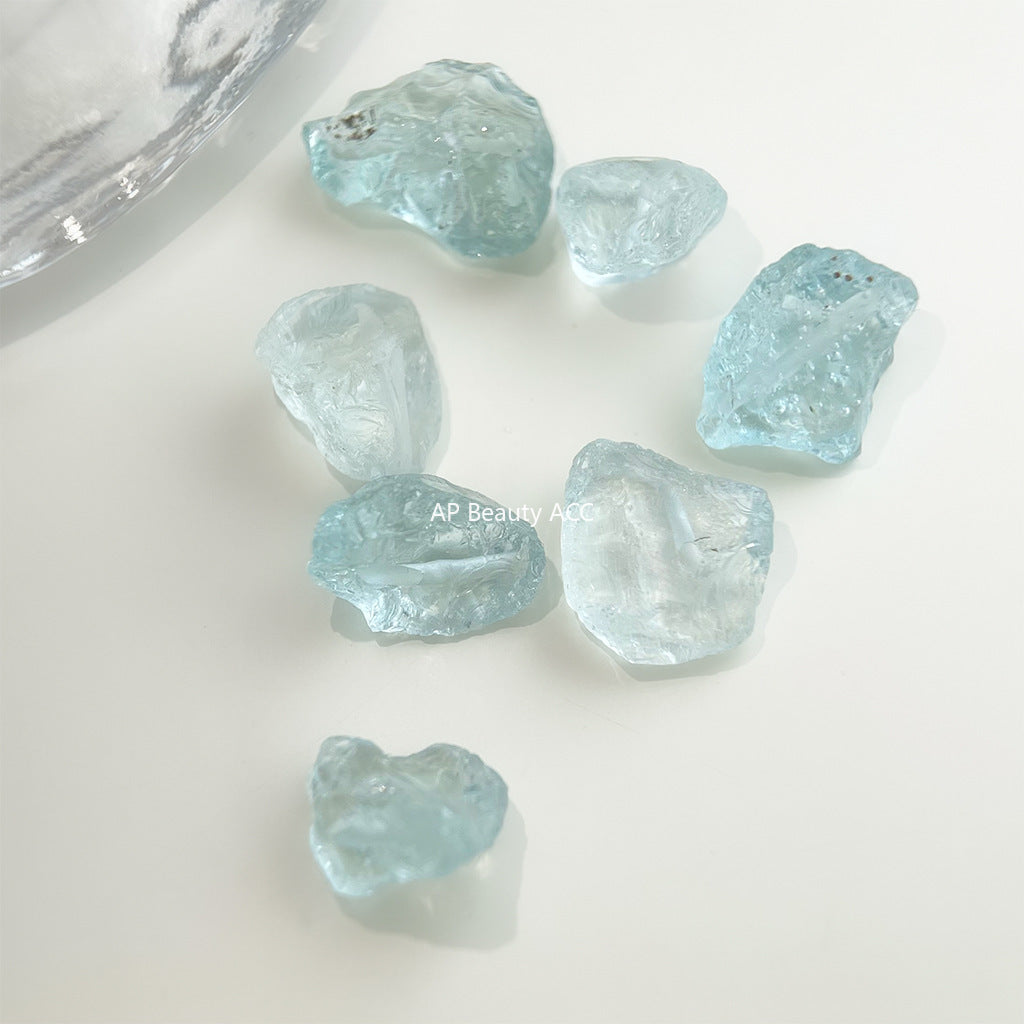 A廠-清冷感水透海藍水晶天然石時尚清新甜美碎石耳環度假風新款耳飾女「6921」25.10-3