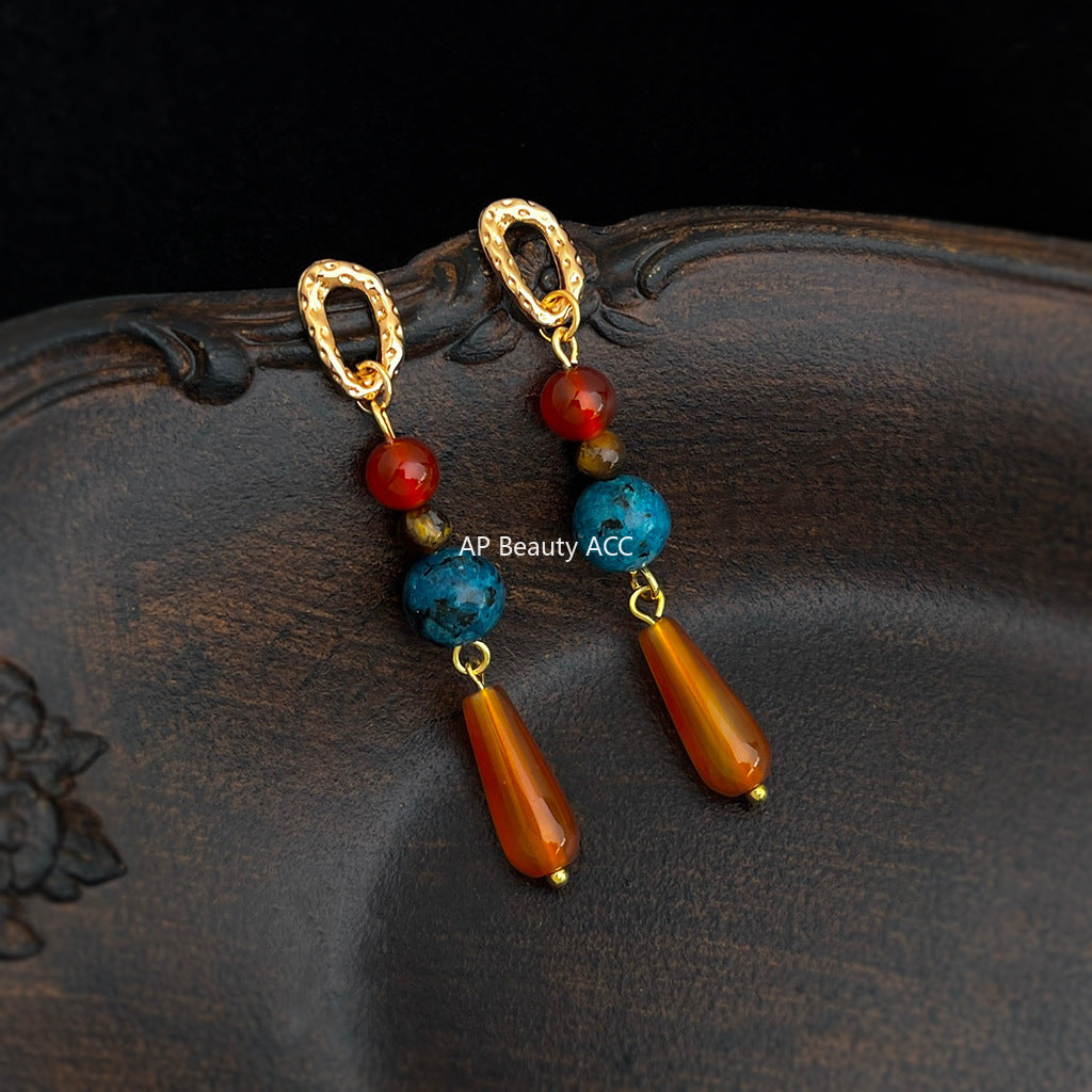 A廠-文藝復古設計師款天然石紅瑪瑙長款水滴流蘇新款耳環工廠耳環飾品「6929」25.10-3