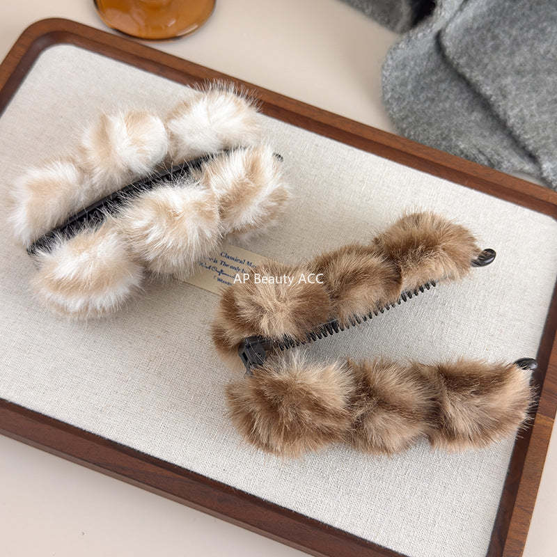 E廠-韓系虎斑豹紋毛絨香蕉夾毛絨絨竪夾高級感盤髮夾馬尾竪夾半扎髮抓「27619」25.10-5