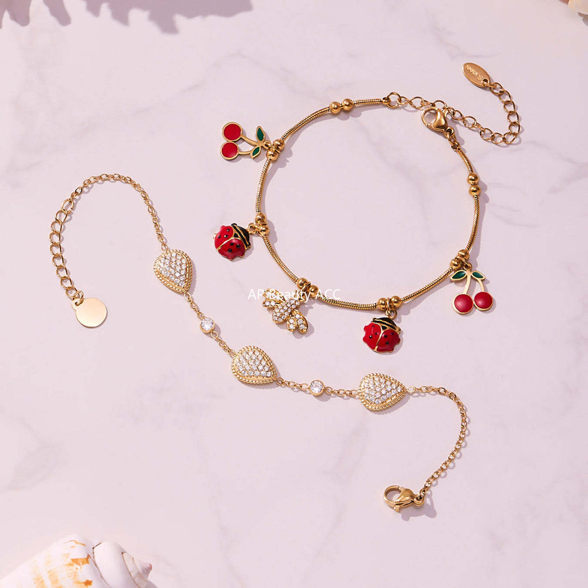 B廠-超閃5A鋯石蜜蜂昆蟲DIY多吊墜手鍊可愛櫻桃不鏽鋼材質飾品「E130-E160」25.10-5