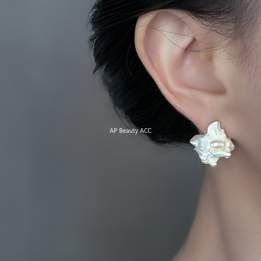 A廠-煙雨小眾設計誇張不規則淡水珍珠液態銀色個性新耳飾工廠耳環女「6852」25.10-3