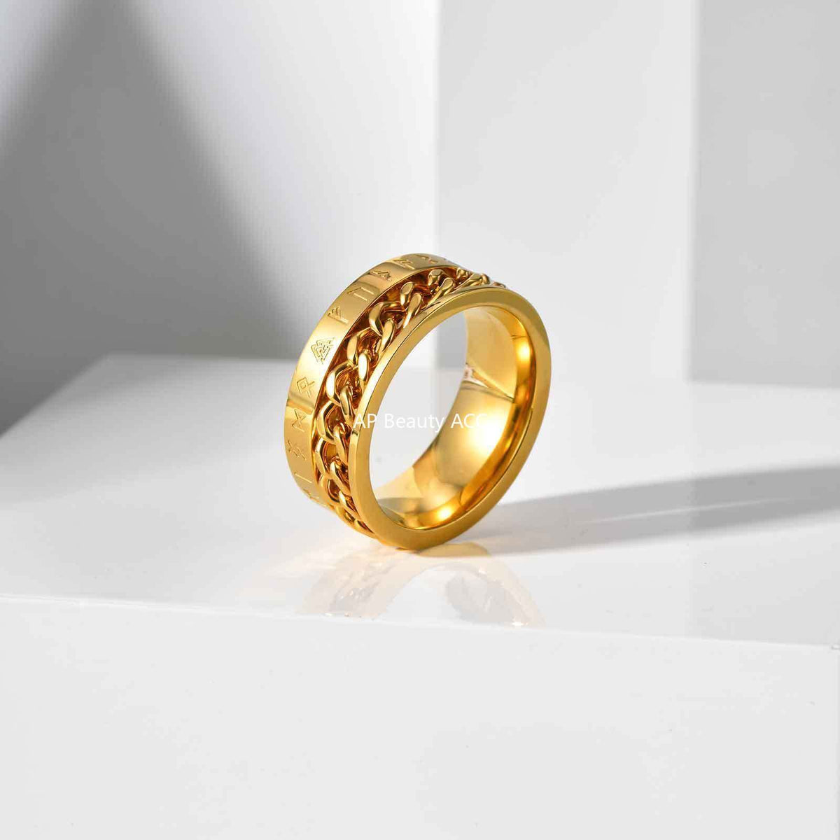 G廠-歐美時尚新款不鏽鋼維京盧恩文鏈條可轉動戒指金色「R-651」25.10-5