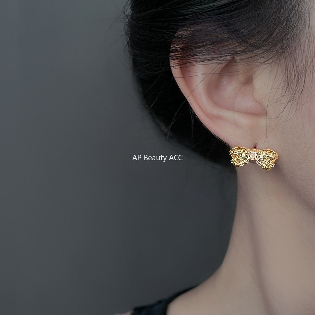 A廠-時尚老錢風微鑲鋯石925銀針蕾絲花邊鏤空蝴蝶結新款耳釘「6915」25.10-2