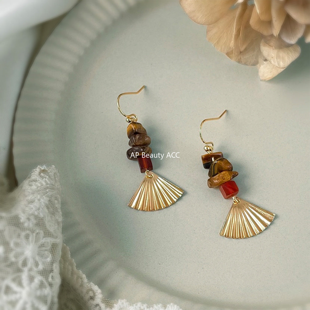 A廠-文藝復古天然石虎眼石手工藝設計感新款扇子耳飾工廠耳環女「6862」25.10-1