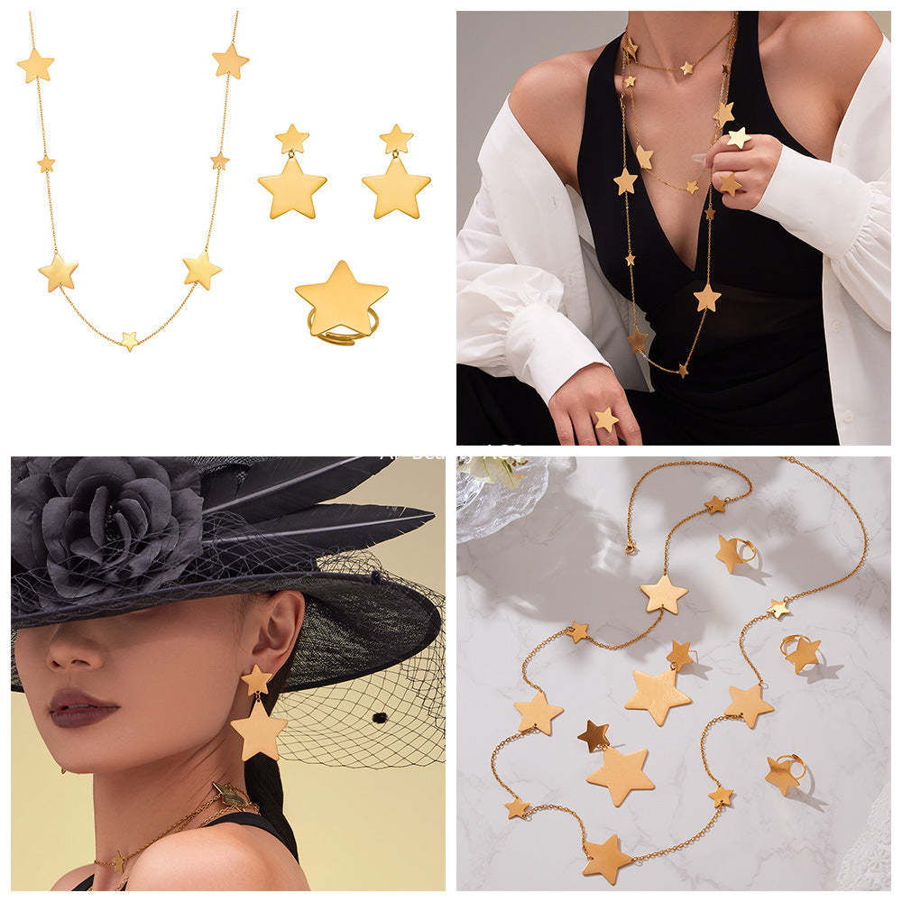 B廠-法式浪漫自然星星形狀戒指耳環毛衣項鍊套裝不鏽鋼鍍18k金「TXP457」25.10-5