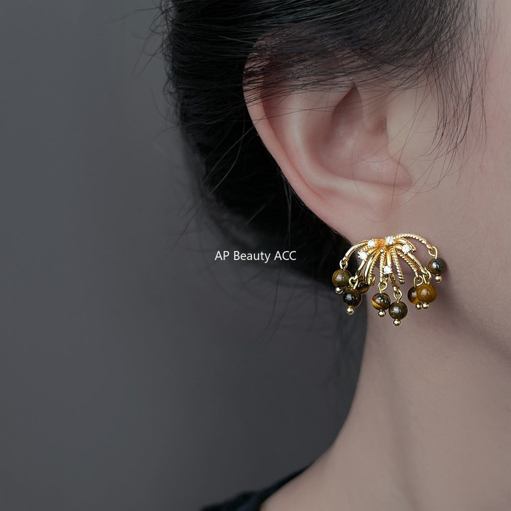 A廠-美拉德風虎眼石微鑲鋯石925銀針煙火流蘇天然石耳飾工廠耳環 飾品「6906」25.10-2